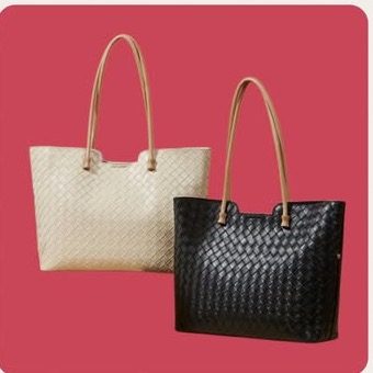 Woven leather shoulder totes in cream and black